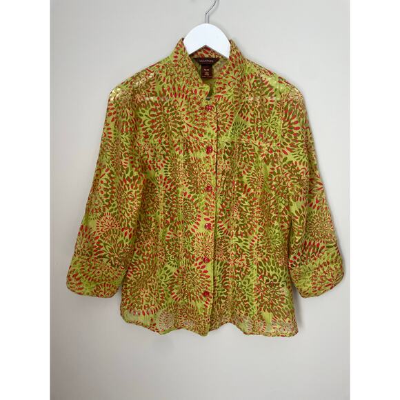 Multiples Button Down Top Size Medium 3/4 Sleeves Sheer Lightweight Green - Picture 1 of 5
